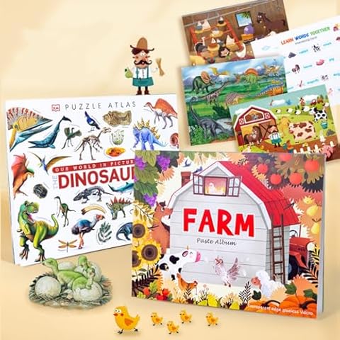 Preschool Learning Activities，Montessori 32 Activities Farms/Dinosaur Busy Book For Toddlers 1-3，Learning & Education Toys Toddler Activity Book ，Autism Sensory Toys Children'S Day Birthdays Gifts Cover