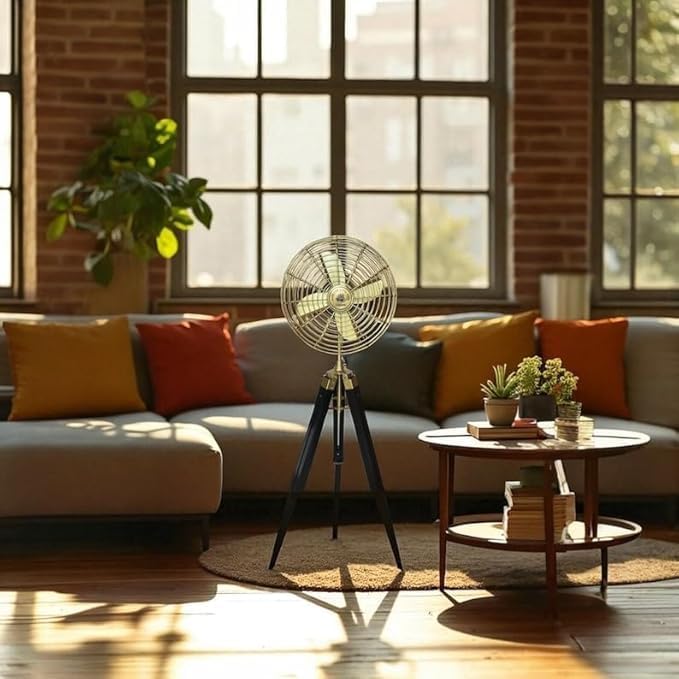 Brass & Black Nautical Tripod Floor Fan | Adjustable Electric Pedestal Fan | Retro Industrial Style Home Decor for Living Room and Bedroom