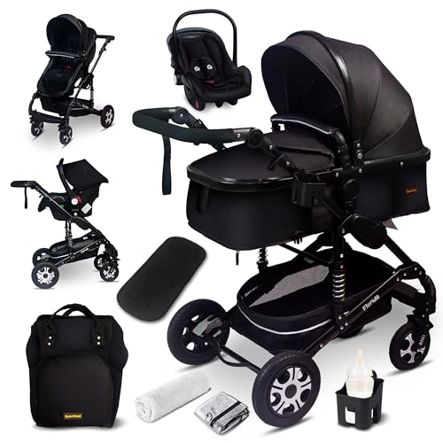 GaGaGaDumi Florida 3 en 1 cochecito completo con asiento de coche   Baby Stroller 3 en 1 TÜV   Cochecito combinado 3 en 1 juego completo de neumáticos completos, bolsa de pañales, Negro/negro