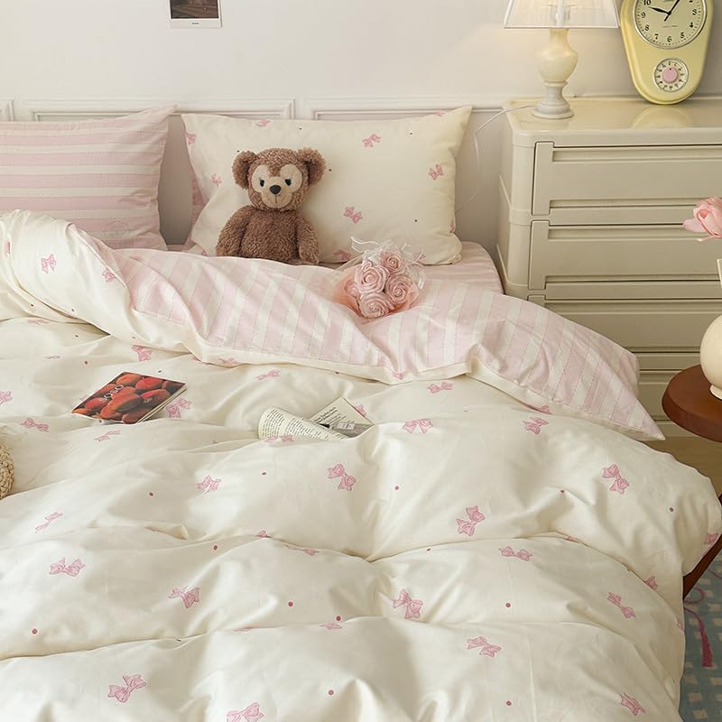 Bildenly Duvet Cover Twin Size Pink Bow Bedding Set Reversible Pink Bowknot Striped Comforter Cover Set Soft Breathable Microfiber Quilt Cover with Zipper Closure and 1 Pillowcase