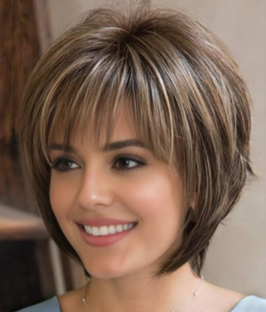 SEVENCOLORS Short Hair Wigs with Bangs Dark Brown Mixed Blonde Pixie Cut Wig for Women Straight Synthetic Fiber Wigs