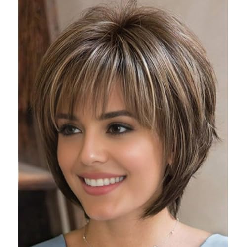 SEVENCOLORS Short Hair Wigs with Bangs Dark Brown Mixed Blonde Pixie Cut Wig for Women Straight Synthetic Fiber Wigs
