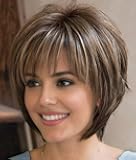 SEVENCOLORS Short Hair Wigs with Bangs Dark Brown Mixed Blonde Pixie Cut Wig for Women Straight Synthetic Fiber Wigs