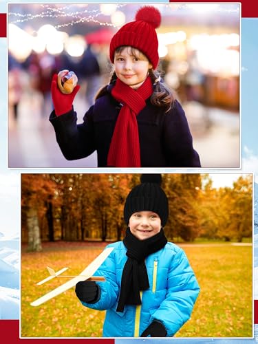 Image of JaGely 2 Sets Kids Winter Hat Gloves Scarf Set Girls and Boys Knit Hat with Pom Warm Scarf Snow Gloves for 3-10 Years Toddler