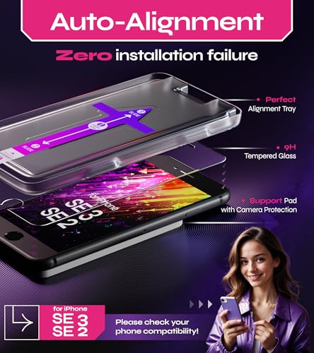 Image of Defenslim Screen Protector for iPhone SE 3 / SE 2 (2Pack), Easy Auto-Align Install Kit, 4.7 inch Tempered Glass, 9H Hardness, Ultra HD Clear, Case Friendly, EasyShield