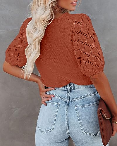 Womens Short Sleeve Sweaters Crewneck Knit Pullover Tops 2025 Summer Casual Lightweight Crochet Blouse Shirt3