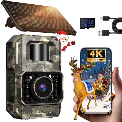 MAXDONE Solar WiFi Trail Camera Bluetooth Game Camera, 4K 64MP Wildlife Cameras 2000mAh Built-in Battery Rechargeable Power Hunting Cameras with Night Vision Trail Cam Bluetooth Wi-Fi Deer Cams