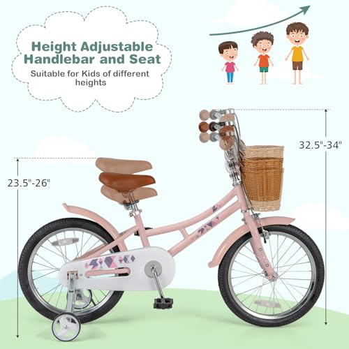 Image of BABY JOY Retro Kids Bike, 12 14 16 18 Inch Child Bike for 3-8 Years Old w /Rattan Basket, Adjustable Height, Training Wheels, Fenders, Handbrake Coaster Brake, 95% Pre-Assembled Kids Bicycle for Girls