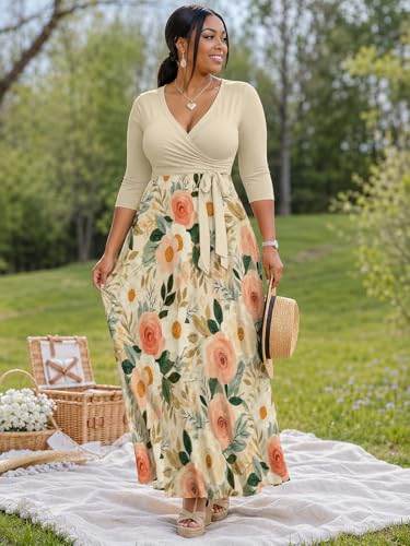 Image of PinkPatty Plus Size Maxi Dress for Women Casual V Neck 3 /4 Sleeve Boho Printed Long Dress with Pockets