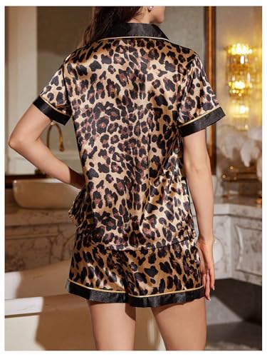Image of SHENHE Women's 2 Piece Satin Pajama Set Leopard Short Sleeve Button Down Pj Shorts Set