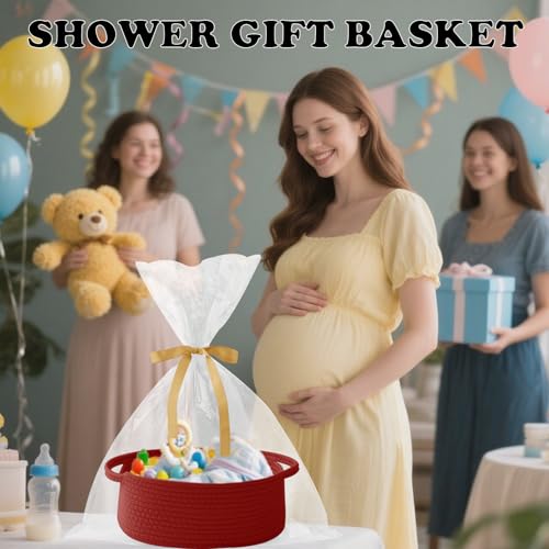 Image of Red Woven Rope Basket - Baby Gift Basket with Bag & Ribbon
