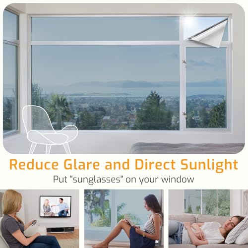 Image of LUTE One Way Window Privacy Film, Window Tint, Silver, 35.4 inch x 157.4 inch | Sun Blocking UV Heat Blocker, See Out Not in Reflective Mirror Film, Removable Static Cling Glass Coverings for Home Office