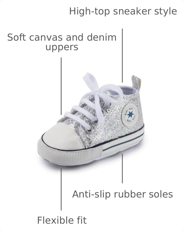 Image of Unisex Baby Boys Girls Shoes, Newborn Infant Non-Slip Canvas Denim High Top Sneakers, Toddler First Walkers Shoes