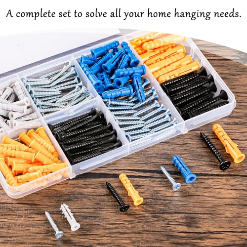 Image of KURUI Drywall Anchors with Screws Kit, 160PCS Plastic Wall Anchors and Galvanized Phillips Head Screws, 4 Sizes for Drywall, Hanging Shelves, Wall Decor, Artwork and Frames, Home Improvement Hardware