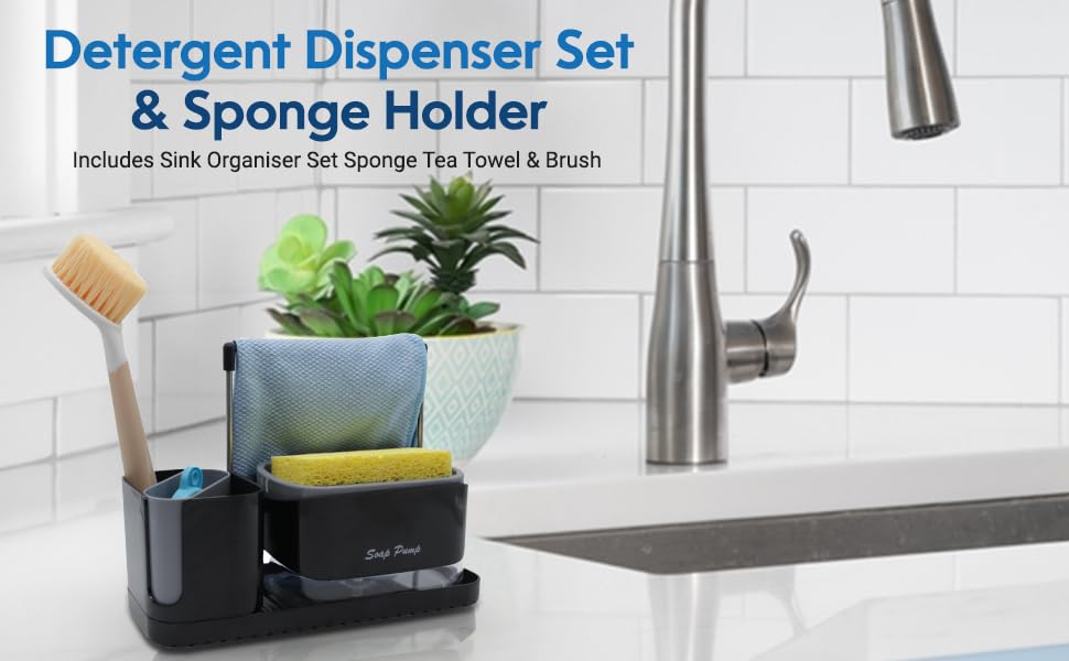 Bobsoli Scout - Set di dispenser per detersivo da cucina, organizer sottile con strofinaccio, spazzola, spugna e porta strofinaccio. Organizer per lavello da cucina, colore nero, organizer per