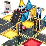 hahaland 38 PCS Magnetic Tiles Road Toppers Set for Kids Ages 3-5, Magnetic Building Blocks with Cars Toys for 3-5 Years Old Boys and Girls Stem Toys Birthday Gifts for Age 3 4 5 6 7 Year Old