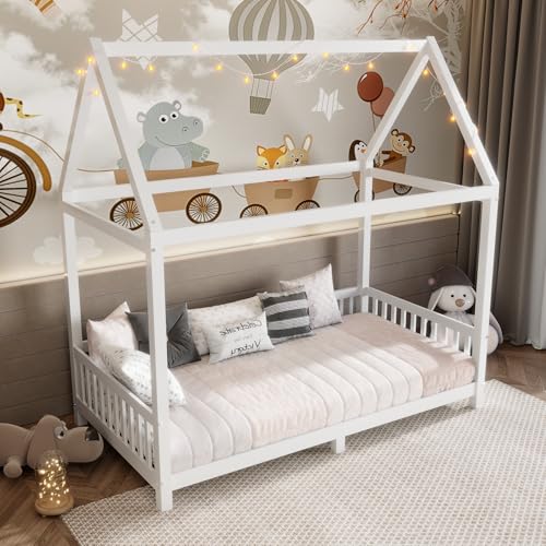 LED Twin Size House Bed for Kids,Montessori Floor Bed Twin Size, Wooden House Bed Frame with Slats and Fence,Twin Bed Frame for Girls,Boys,White