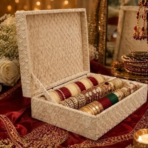 Image of Bangle Organizer Box for Women, 3 Rod Bridal Chudi Storage Box with Handle & Lock, Premium Velvet Bangle Holder for Bangles, Chudi, Kada & Bracelets, Beige