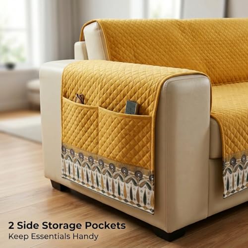 Image of KINGLY Armrest Cover with Pocket | Anti-Slip Sofa Arm Protector | Washable Arm Cover | Mustard Yellow