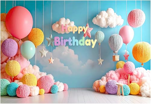 Image of Happy Birthday Pastel Balloon Backdrop 8x5 Ft Cute Kids Birthday Party Decoration Background for Home,Studio & Photography