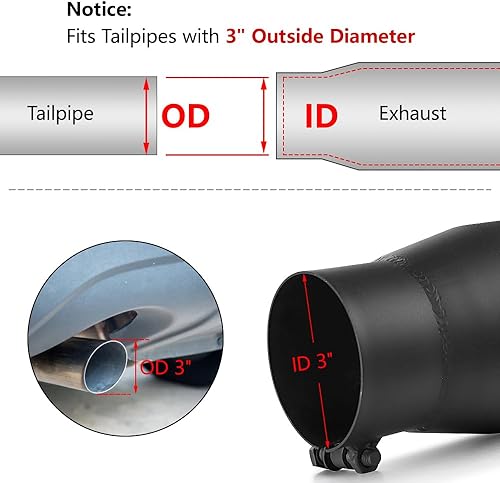 Miniatura 3 de A-KARCK Punta de escape de 3 pulgadas de entrada a 4 pulgadas de salida, 8 pulgadas de longitud total, perno de revestimiento negro en la punta del