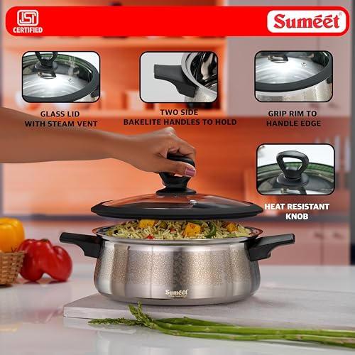 Image of Sumeet ISI Certified Stainless Steel Cook & Serve Designer Shallow Biryani Pot /Casserole with Glass Lid |Induction and Gas Compatible | Capacity - 2800ml -Dia - 23cm, Silver