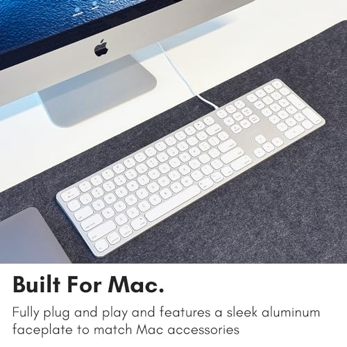 Macally Premium Wired Mac Keyboard with 2 Port Hub - Full Size with Numeric Keypad - Extended USB Keyboard for Mac mini/Pro, iMac, MacBook Pro/Air (Silver Aluminum)