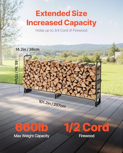 Image of VEVOR Firewood Rack with Waterproof Cover, 8.4 ft Outdoor Firewood Holder, 1 /2 Cord Storage Metal Log Holder, 660lb Max Weight Capacity, Top Covered, Powder-Coated Wood Storage Rack for Fireplace Deck