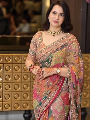 Image of Printed Chinon Silk Saree with Zari Woven Mirror Work and Unstitched Blouse Piece for Women Traditional Party Ethnic Wear Saree