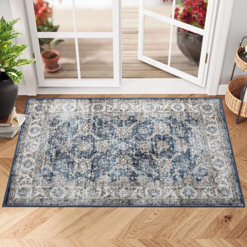 GarveeHome Vintage Rug 2x3 Floral Print Area Rug for Living Room Washable Non Slip Farmhouse Distressed Indoor Doormat Carpet Foldable Low Pile Soft Accent Throw Rug for Bedroom Home Nursery, Blue