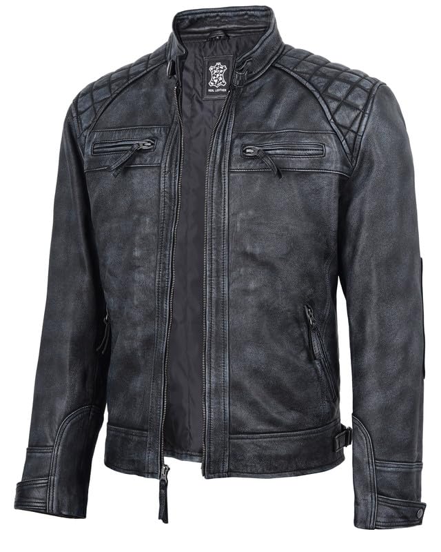 Image of Blingsoul Men's Leather Motorcycle Style Jacket - Quilted Cafe Racer Biker Style Jacket for Men