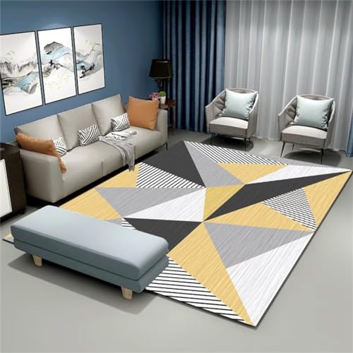 Tapis de salon gris et jaune moutarde aux finitions géométriques soignées
