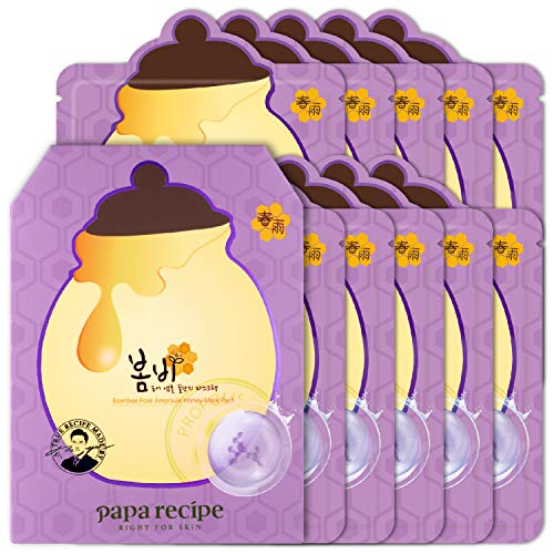 Papa Recipe Bombee Pore Ampoule Honey Mask Pack (10 sheet) | Regenerating Skin Damaged by UV, Helps Improve Elasticity of the Skin | Korean Skincare, Anti-Aging, Sebum Control, Pore Care | Honey, Propolis, Royal Jelly Extracts
