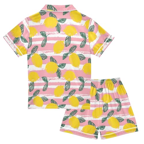 Lemon with Pink Stripes Summer Satin Pajama Set, Cute Button-Down Sleepwear Pj Set for Sleep Wears2