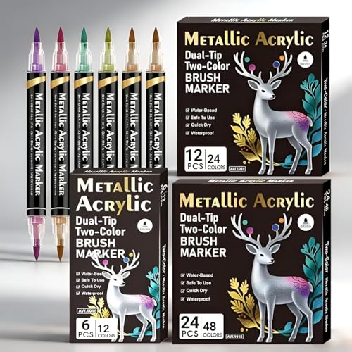 Image of Metallic Acrylic Paint Markers Dual Tip Brush Pens, 24 Colors (12 Pcs) - Water-Based Quick Dry Waterproof Paint Pens for Rock Painting, Canvas, Glass, DIY Crafts, Calligraphy & Card Making