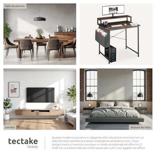 tectake® Scrivania 120x60x110cm con Ripiano rialzato per Monitor, Scrivania Gaming per Casa e Ufficio, Ideale Computer Portatile o Computer Fisso, Piedini Regolabili, Stile Industriale - Legno Scuro - Immagine 5