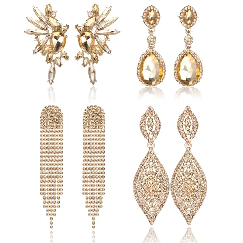 Sanfenly Clip On Earrings Women Dangle, Large Long Dangling Non Pierced Earrings Elegant Formal Big Bling Rhinestone Crystal Simulated Diamond Clip Earrings for Women Non Pierced Ears