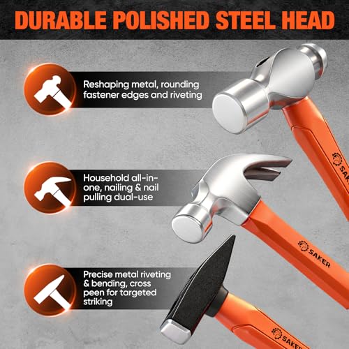Image of Saker 6-Piece Hammer Set, 3lb Sledge Hammer,16oz Rubber Mallet, 16oz Ball Peen Hammer & Claw Hammer, 14oz Double-Faced Mallet, 7oz Cross Peen Hammer for Home Repair & DIY Projects