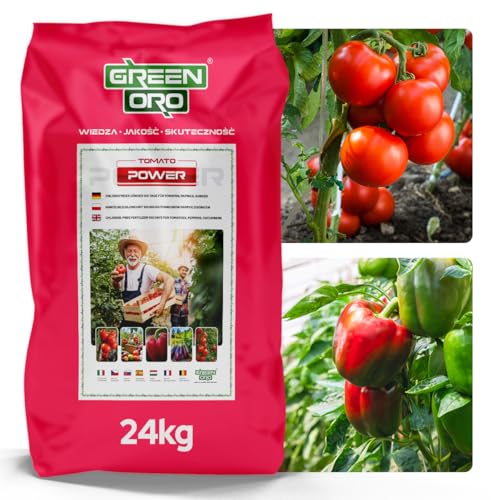 GREEN ORO TOMATO POWER 24KG – Engrais spécial pour tomates, poivrons, courgettes, aubergines, pommes de terre, concombres et citrouilles – Effet prolongé jusqu'à 100 jours.