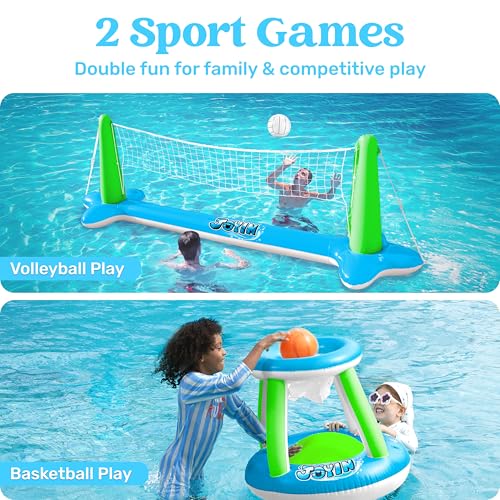 Image of JOYIN Inflatable Volleyball Net & Basketball Hoops Pool Float Set; Balls Included for Kids and Adults, Summer Pool Game, Floaties, Volleyball Court (105 inchx28 inchx38 inch) Basketball (27.6 inchx23 inch),Green,Blue