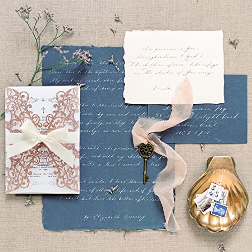 Lamsexx 50Pcs Wedding Invitation,Rose Gold Invitations,Gold Powder Floral Laser Cut With Blank Inner Sheet, Envelopes And Ribbons For Party Wedding Engagement Bridal Bridal Shower Invite (Rose Gold) #TOP7