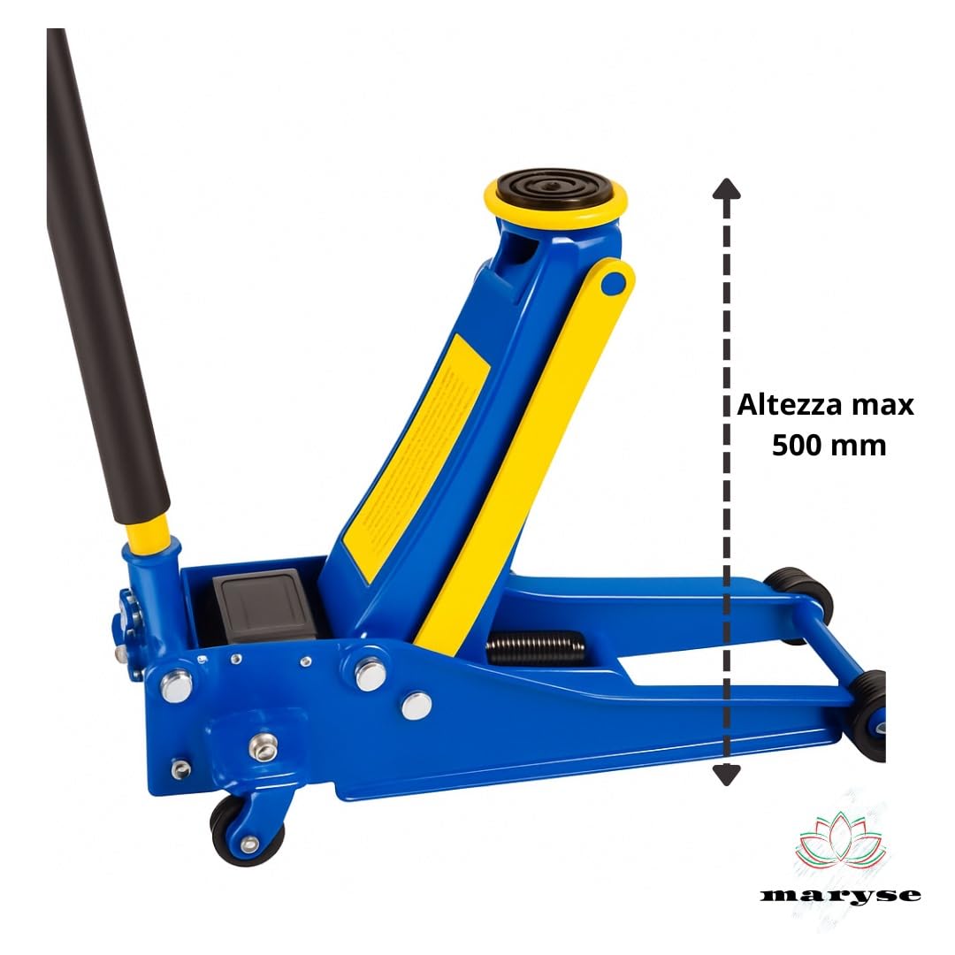 Maryse Cric Idraulico a Carrello Professionale 4 Ton – Sollevatore da Officina in Acciaio Rinforzato con Doppio Pistone – Altezza 145-500 mm, Valvola di Sicurezza, Ergonomica e Ruote Girevoli