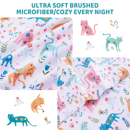 Image of Viviland 3 Pieces Girls Pink Cat Twin Sheet Set - Soft Microfiber Fitted Flat Sheets & Pillowcase - Kids Colorful Floral Leaf Print Bedding Sets - for Kids & Toddlers