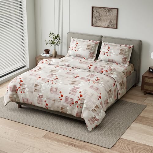 Image of Haus & kinder Double Bedsheet for Queen Size Bed | 90 x 100 Inches 144 TC Cotton Bedsheet for Double Bed with 2 Pillow Covers - Pink Flower Sketch
