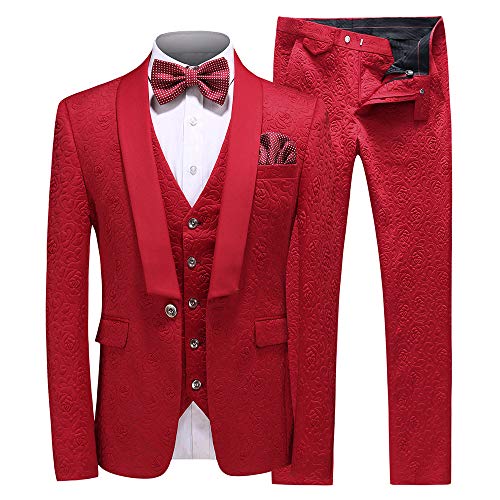 UNINUKOO Mens 3 Piece Suit Jacquard Floral Shawl Lapel Fancy Suits for Men Wedding Party Prom Tuxedo Suit Set US Size 36 Red
