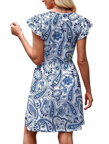 Image of OFEEFAN Summer Dresses for Women Beach Vacation Clothes V Neck Ruffle Sleeve Babydoll Dress Elegant Classy Sundress