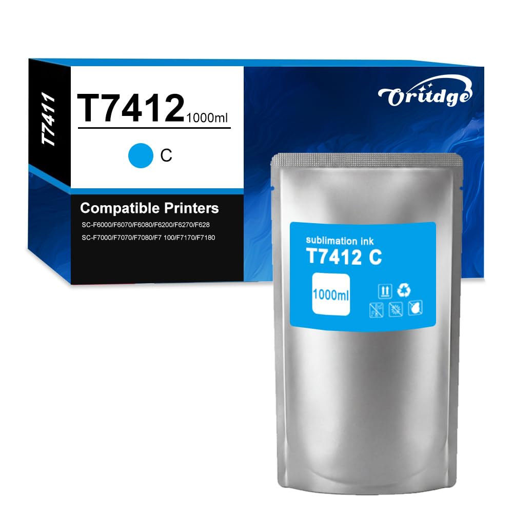 T7412 Dye Sublimation Encre Cyan 1000-ml pour Encre de Sublimation T7412 Compatible pour Epson Surecolor F6000 F7000 F7100 F6070 F7170 F9330 F6200 F7200 F9200 F9300 F9340 F7070