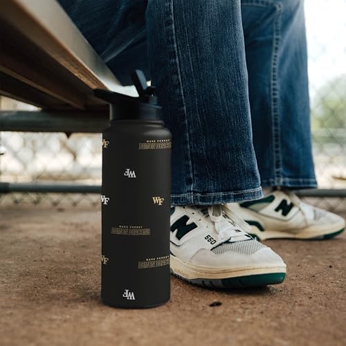 Image of Logo Brands NCAA Wake Forest Demon Deacons Step & Repeat 34 oz Stainless Steel Quencher Bottle - All Over Logo Design, No-Spill Lid, Easy Carry Handle - Keeps Drinks Cold For Hours