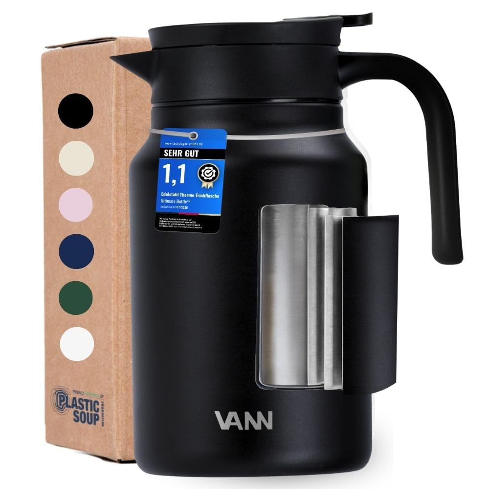VANN Thermoskanne 1,5l - 3-fach Isolierkanne [24h warm, 36h kalt] | Thermoskanne aus zertifiziertem Edelstahl [BPA-frei] - Ideal als Teekanne oder Kaffeekanne - Auslaufsicher - Schwarz