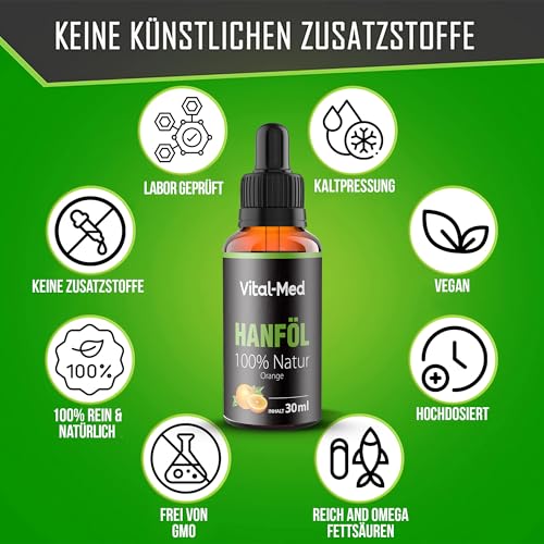 Vital-Med hochdosiertes Hanföl mit 30ML (750 Tropfen) und 25mg pro Tropfen - Premium Vital Hanfsamenöl - 100% Natur - Hanftropfen mit Omega 3-6-9 (Orange)